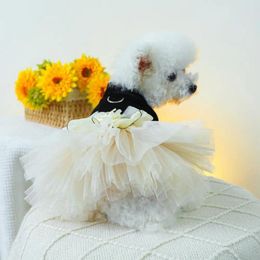 Dog Apparel Clothes Elegant Wedding Dress With 3d Flower Bow Decoration Stylish Mesh Splicing Princess Pet For Fancy Occasions