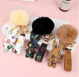 Key Rings Bunny Design Key Chains Ring Pompom Ball Rabbit Bag Keyring Gift Jewelry Accessories Leather Brown Flower 240303