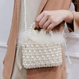 Evening Bags Customized Pearl Weaving Hollow Handheld Shoulder Handmade Beaded Feather Design Square Vegetable Basket Crossbody Bag