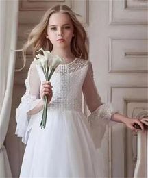 Girl Dresses White Layered Tulle Flower Dress Long Sleeve Button Wedding Child Birthday Party Ball Gowns Celebration Evening Prom