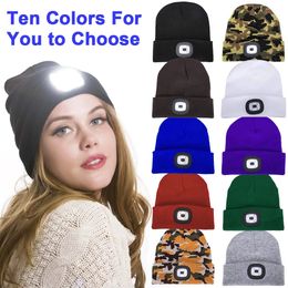Women Knitted Lighted Beanie Hat Rechargeable Button Battery Headlight Outdoor Running Camping Evening White Lights Cap 240227