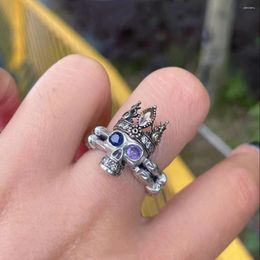 Cluster Rings YIZIZAI Vintage Gothic Blue Purple Zircon Crown Skull Ring For Women Men Punk Hip Hop Double Layer Open Adjustable Jewelry