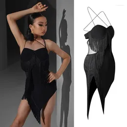 Stage Wear Black Tassel Latin Dance Dress For Girls Summer Irregular Practise Clothes Cha Rumba Performance DNV18213