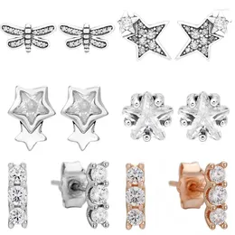 Stud Earrings Original 925 Sterling Silver Asymmetric Stars Galaxy Elegance Petite Dragonfly Earring With Crystal For Women Jewelry