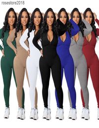 Herbst Frauen Sexy Overall Tiefe Vneck Zip Up Party Club Strampler Overalls Hosen Einfarbig Streetwear Women039s Rompers6695942