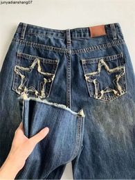 Женские синие широкие джинсы со звездами и карманами, винтажные прямые брюки, мешковатые уличные брюки с высокой талией, повседневные джинсовые брюки, женские 240118
