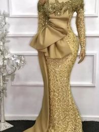 Elegant African Style Lace Mermaid Evening Dresses Plus Size Sequins Long Sleeves Beaded Prom Party Gowns Robe De Soiree