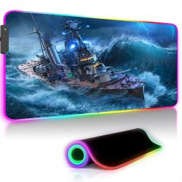 Pads World of Warships PC Accessories Anime RGB Mousepad HD Custom Rubber Edge Locking Anti Slip Playmat Laptop Game LED Backlit Mat