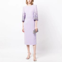 Lavender Evening Party Dress Midi Crystal 34 Sleeves Column Womens Cocktail Gowns O Neck Sheath Tea Length Short Gown 240227