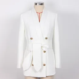 Women's Suits White 2024 High Quality Fashion Satin Green Fruit Neck Belt Metal Button Slim Fit Long Sleeve Commuter Women Blazer