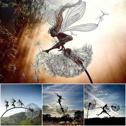 2D Garden Fairy Decoration Stake Fairy Playing onwith the Dandelion Metal Art Elf Silhouette Ornament for Outdoor 240223