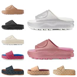 Platform Designer Sandals Women Silver Pink Canvas Slides Mens Rubber Beach Shoes Flat Slippers Cream White Black Green Brown Sliders Plate-forme Sandale Size 36-45