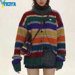YICIYA vintage Rainbow stripe knit Cardigan sweater Retro jacquard High quality Thickening Korean fashion Women Knitted Harajuk 240219