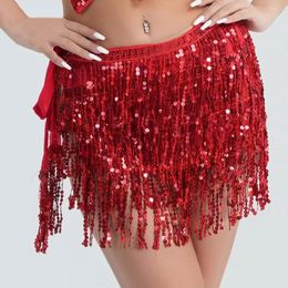 Stage Wear Sequin Skirt Tassel Belly Dance With Lace-up Detail Layered Chain Belt Latin Dress For Women