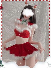 Work Dresses Winter Underwear Erotic Elastic Waist Velvet Skirt Set Red Three Point Shawl Role Play Uniform Sweet Cute Style Slim Thin 0MT0