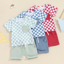 Clothing Sets FOCUSNORM 2pcs Toddler Baby Boys Clothes Set 0-3Y Short Sleeve Plaid Print Pocket T-shirt With Shorts