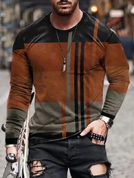 Mens Long Sleeve Retro 3D Print Colour Block Vintage Novelty Tshirt Stylish Tees For Autumn Clothing 240226