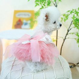 Dog Apparel Bow Decoration Dress Mesh Splicing Pet Charming Rhinestone Decor Princess Fashionable