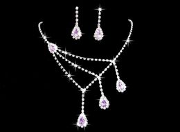 2020 Crystal Blue Purple Flowers Water Drop Necklace Earrings Jewellery Sets Girl and Lady Prom Cocktail Graduation Bridal Wedding A3774068