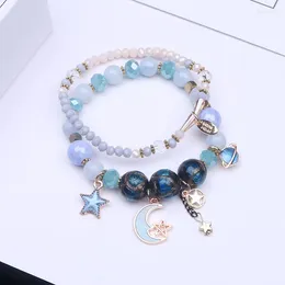 Charm Bracelets Korean Version Of The Star And Moon Beaded Bracelet For Women Dancing Girl Female 2 Piece Set Student Multi- Handmade