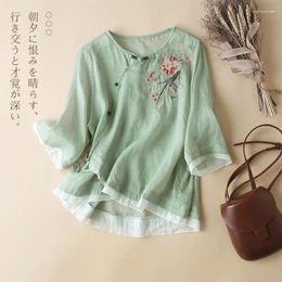 Women's Blouses Chinese Style Cotton Linen Shirt Female Large Size Summer Fashion Chic Splicing Elegant Literary Embroidery Casual Blouse