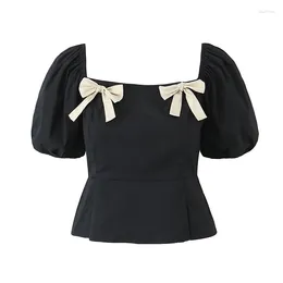 Women's Blouses YENKYE 2024 Women French Bow Black Crop Top Vintage Puff Sleeve Square Neck Female Short Blouse Summer Tops