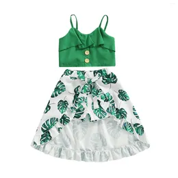 Clothing Sets Girls Two Pieces Clothes Outfit Fashion Children Baby Girl Spaghetti Strap Ruffle Camisole Leaves Printed Slit Skirts