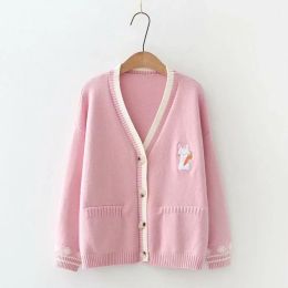 Cardigans spring Cute Cartoon Sweater Female Cardigan Embroidery Rabbit Women Sweater Coat Hot Sale V Neck Knitwear Korean Tops