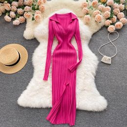 YuooMuoo Autumn Winter Knit Rib Wrap Midi Pencil Dress for Women Streetwear Korean Long Sleeve Bodycon Split Sweater Party Dress 240228