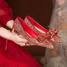 Dress Shoes Shiny Sequin Low Heels Wedding Women 2024 Red Crystal Bowtie Bridal Woman Pointed Toe Thick Heeled Party