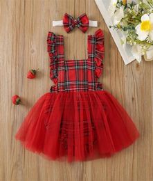 Girl Dresses Baby Mesh Red Dress Summer Casual Plaid Harness Skirt With Turban Sleeve Jumpsuit Headband Set For Toddlers2828527