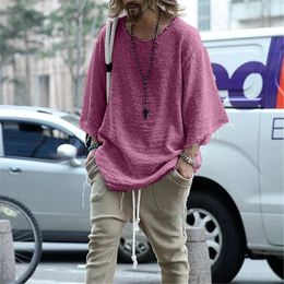 Long Sleeve Oneck Tshirt Mens Casual Loose Top Thin Solid Colour Knitted Street Style Pullover Clothing 240226