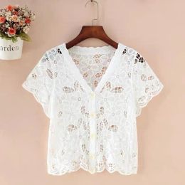 Cardigans Summer New Paragraph Lace Knit Cardigan Women Korean Fashion Y2k Crop Tops Short Sleeve Vneck Cardigan Hollow Out Jacket