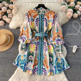 Gorgeous Flower Blooming Mini Dress Women's Stand Collar Lantern Sleeve Buttons Floral Print Lace Up Belt Holiday Beach Vestidos 2024