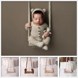 born Pography Prop Wooden Swing Vintage Posing Swing Macrame Boho Children Shootsession Posing Fotografia Bebe Accessories 240226