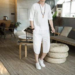 Men's Tracksuits Linen T-shirt Oversized Loose Comfortable Cropped Sleeves Trendy Spring/summer Casual Set Chinese Style