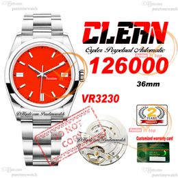 126000 VR3230 Automatic Unisex Watch Mens Womens Watches Clean CF 36mm Coral Red Dial 904L Stainless Steel Bracelet Super Edition Same Series Card Puretimewatch
