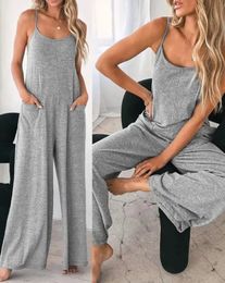 Jumpsuit For Women Fashion Grey Pocket Design Casual Home Daily Loose Spring Summer Female Wide Leg Jumpsuit 240229