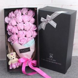 Decorative Flowers 23 PCS Soap Flower Bouquet Artificial Rose Bear Set With Gift Box For Valentine's Day Mother's Wedding Christmas