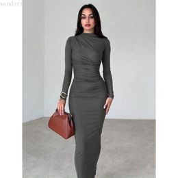 Casual Dresses Autumn Women's O-neck High Waist Folds Long Dress Streetwear Winter Office Lady Solid Tunics Bodycon Evening Party