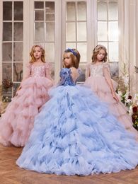 Girl Dresses Blue Princess Flower For Wedding Layered Lace Tulle Puffy Kids Cute Baby Birthday Evening Party Dress Ball Gowns