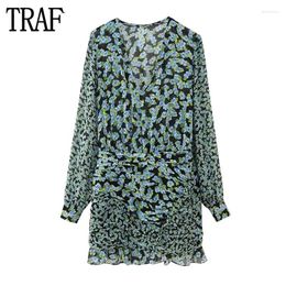 Casual Dresses TRAF Floral Ruffle Dress Woman Green Pleated Mini Women Long Sleeve Fairy For 2024 Semi Sheer Female