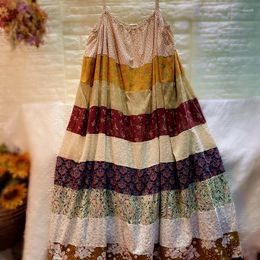 Casual Dresses Summer Vacation Beach Cotton Linen Spaghetti Strap Patchwork Long Midi Dress Vintage Retro Chic Ibiza Gypsy Hippie Bali