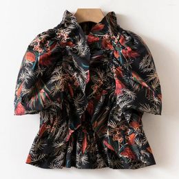Women's Blouses 2024 Spring Black Yellow Ruched Floral Print Blouse Tops