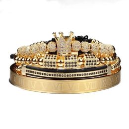 4pcs/set Hip Hop Braided Braiding Bracelet Men Pave CZ Zircon Crown Roman Numeral Bracelet Luxury Jewelry Dropship 240219