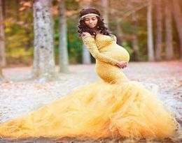 Women Maxi Maternity Wedding Dresses Longsleeve Lace Stitching Mesh Pregnant Dress Fluttering Tailing Long Pography6662186