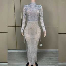Stage Wear Sexy Silver Rhinestone Chain Transparent Mesh Dress Women Evening Birthday Celebrate Outfit Performance Pography Costume