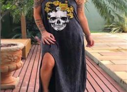 2020 Summer Dress Women Casual Punk Loose Short Sleeve Skull Print Female Dress Streetwear Side High Split Flower Female Vestido C6472810