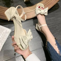 Dress Shoes Summer Fashion One Line Sandals Women Open Toe Hollow Square Head Single Women's Bow Tie With Skirt Thick Heel