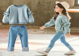 Clothing Sets 2021 Spring Girls Lace Sleeve Sweaters Jeans 2pcs Suit Big Kids Sport Tracksuits For Children Pants9609334